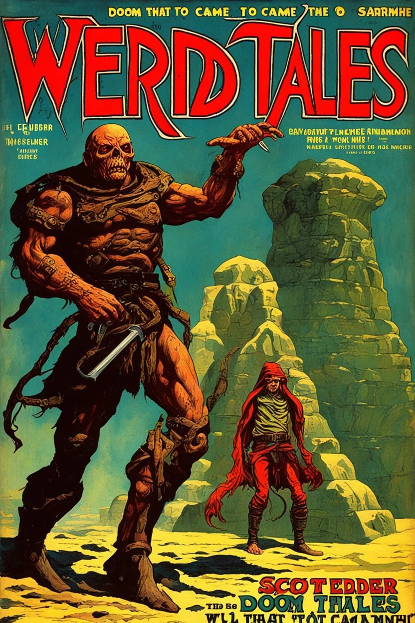 Cover of "WEIRD TALES" Magazine, "Doom that Came To Sarnath" story, Eldritch, sharp colors, horror, by Bill Elder, by Scott M Fischer, maximalist, sinister, retro magazine cover.