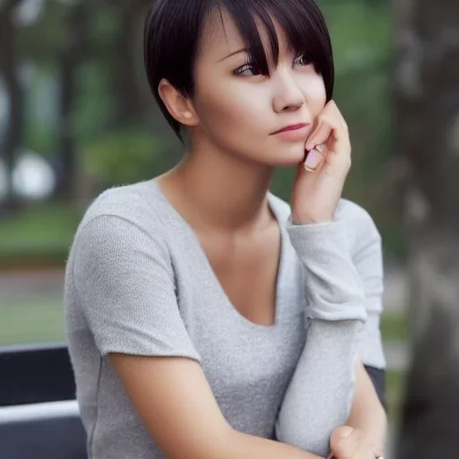 Pretty sexy woman, setting in the bench, park place, deep grey eyes, looking in side view, sexy dress, nice nose, pretty lip, simi smile, pointed ears, white skin, white simi gold hair, medium hair, nice neck, sexy soulder, medium breast size, simi full body portrait