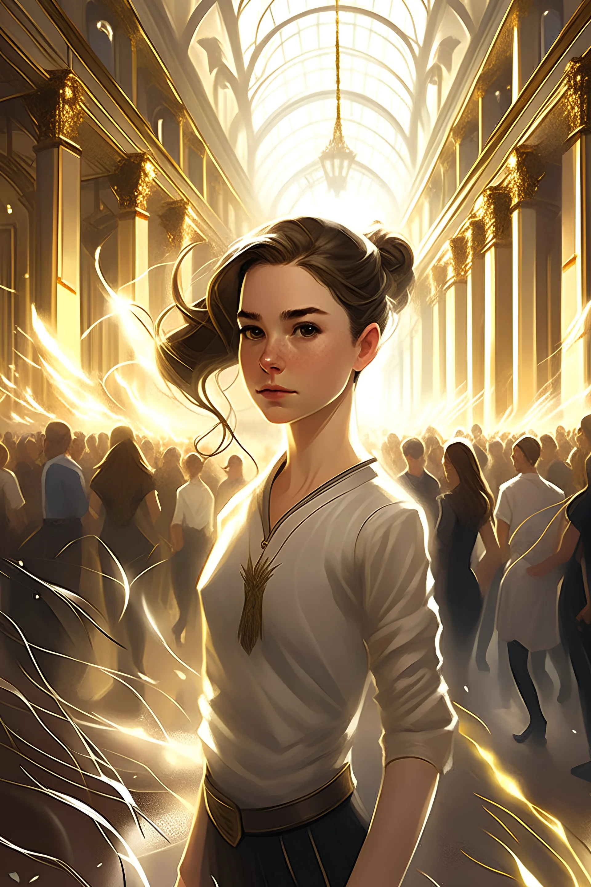 A 17-year-old girl with brown hair, who was wearing a long-sleeved white shirt and black pants, both decorated with a single sliver stripe down each side, with lightning bolts zipping everywhere in a palace ball filled with people looking at her with surprised expression.