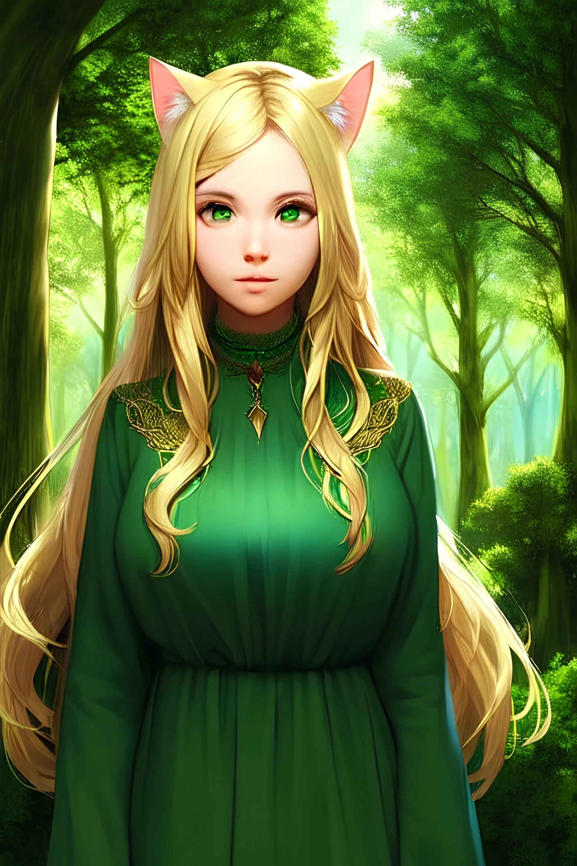 Clear focus,High resolution,High quality,druid, Blonde long hair, green eyes, cat ears, Realistic, intricate details, insanely detailed, forest background