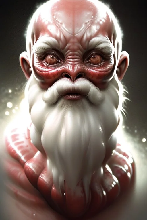 Alien Santa Claus, realistic shaded perfect face, fine details, very dark environment, misty atmosphere, closeup, fantasy, intricate, elegant, highly detailed, digital painting, artstation, concept art, matte, sharp focus, illustration,