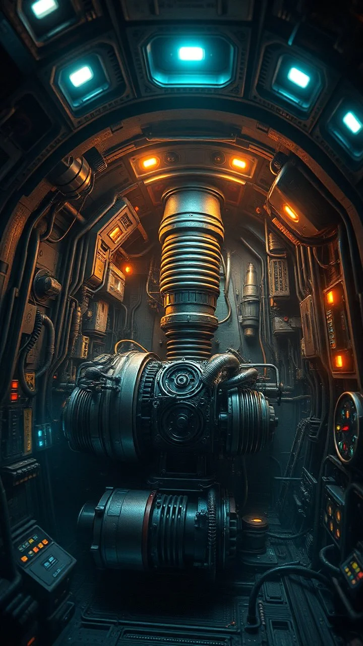 Si-Fi, The engine inside the big ship, atmospheric lighting effects, intricate industrial details, moody atmosphere, eerie grimdark ambiance, complex motherboard accents, speculative fiction art. Bokeh ,
