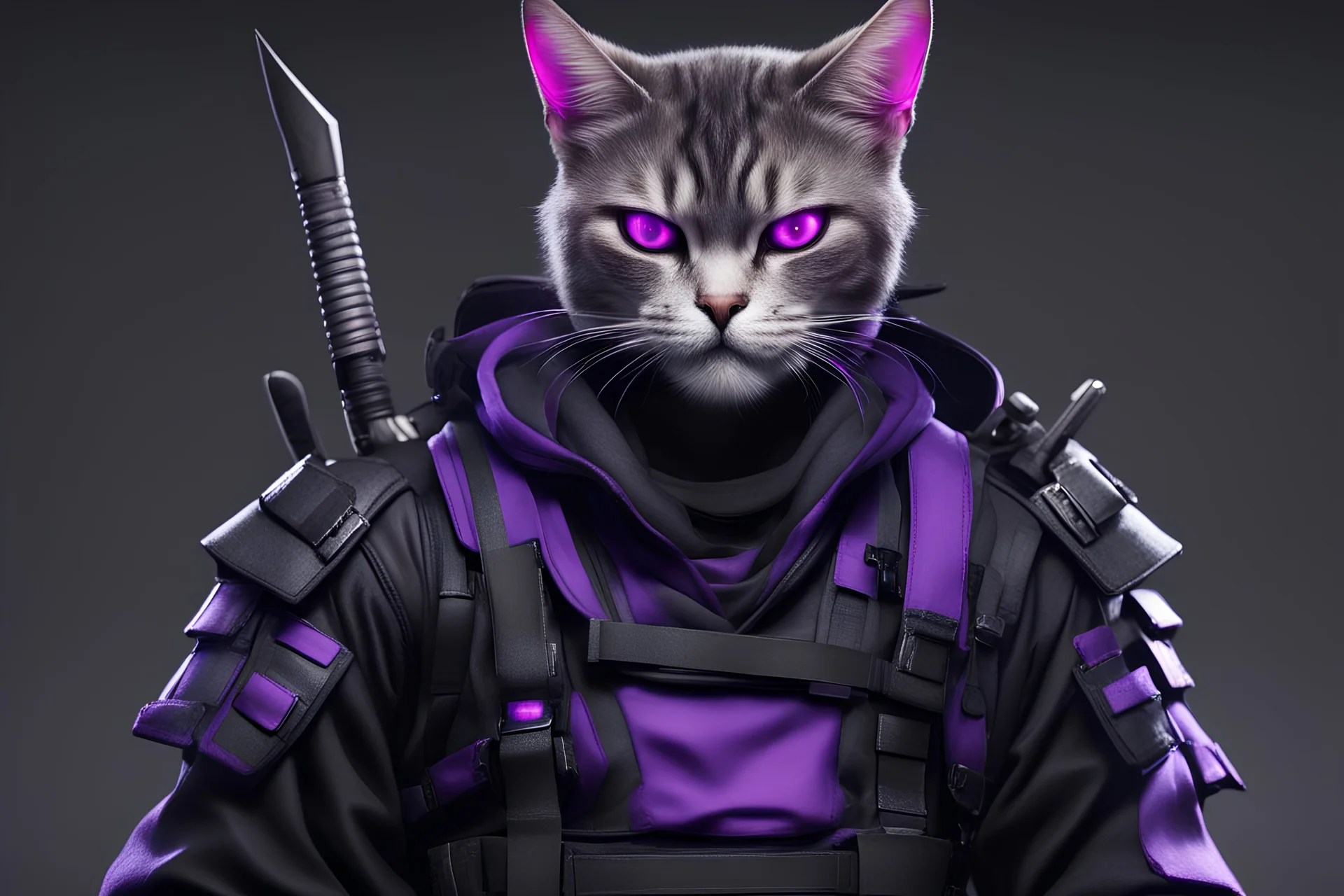 turnaround techwear samurai with a really evil cat face and purple eyes