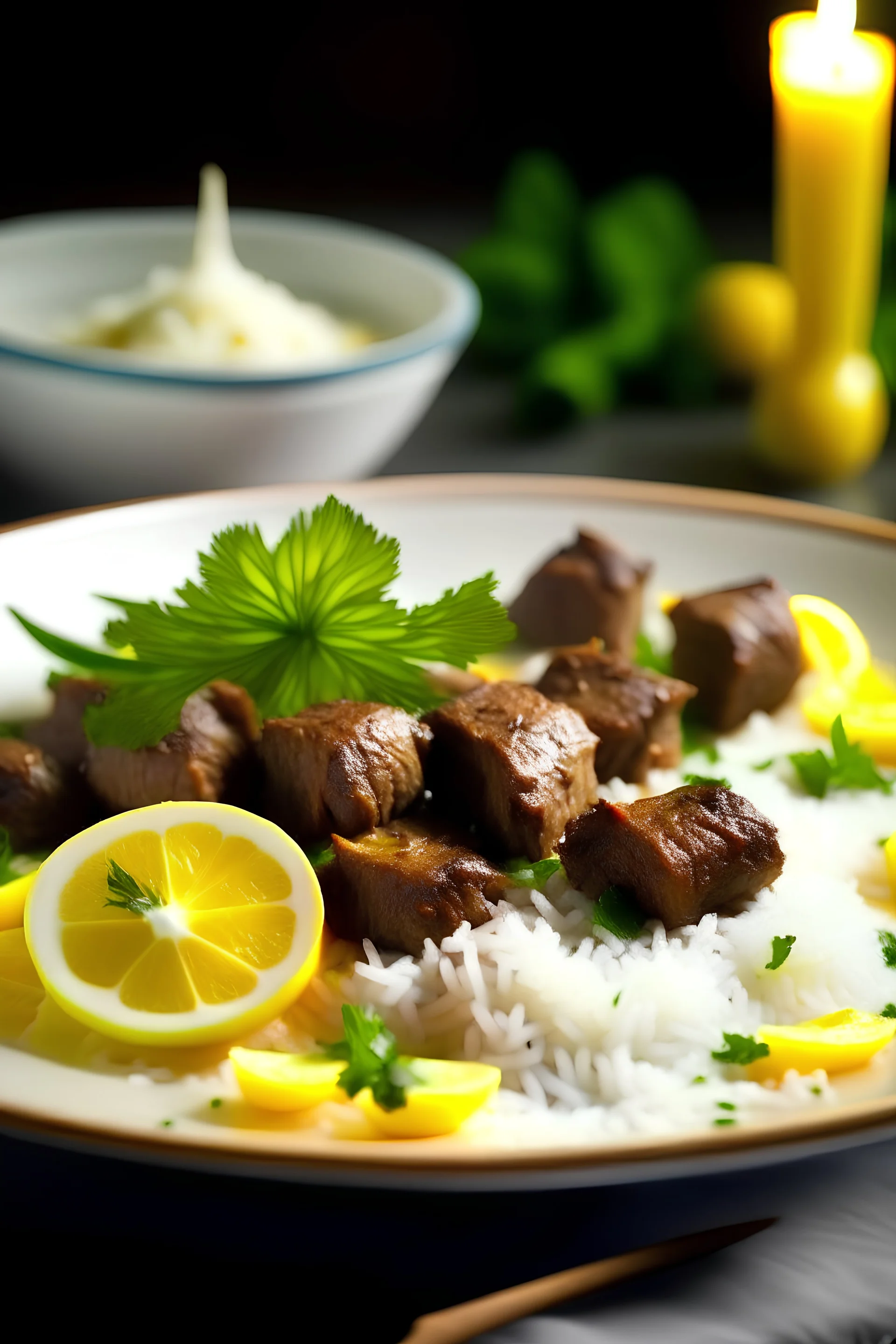 A plate of steaming hot lamb kabobs with a side of fragrant saffron rice and a dollop of creamy yogurt sauce.