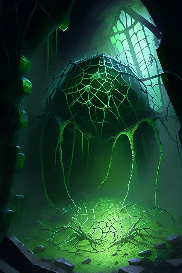 Abandoned spider lair filled with tiny spiders with green glowing eggs and tangled webs in ruined castle rpg art painterly