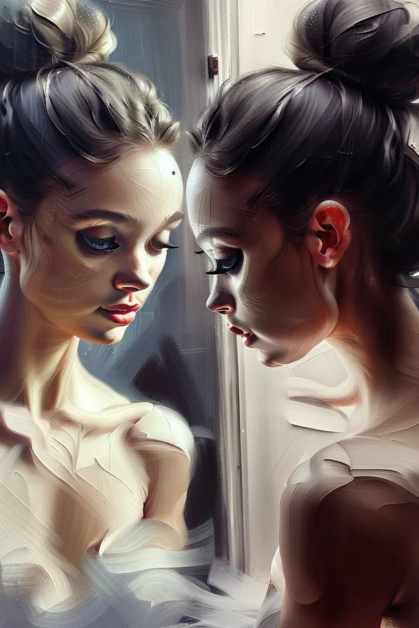 a beautiful ballerina, in a studio, Infront of a mirror, side profile with eyes looking slightly Down, her reflection in the mirror is looking straight at her and not looking down, scary, dark undertone, 12k, detailed painting, thick impasto and textures with rough brush strokes, chaos background with cracked paint, peeling off