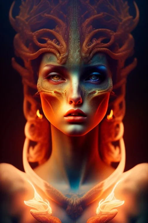 portrait photography of an ethereal beautiful animal goddess, Fire theme art, Dark moody night atmosphere, Portrait of a woman by Michelangelo, 8K, close-up face, anatomically perfect face, oak tree roots, ignore NSFW