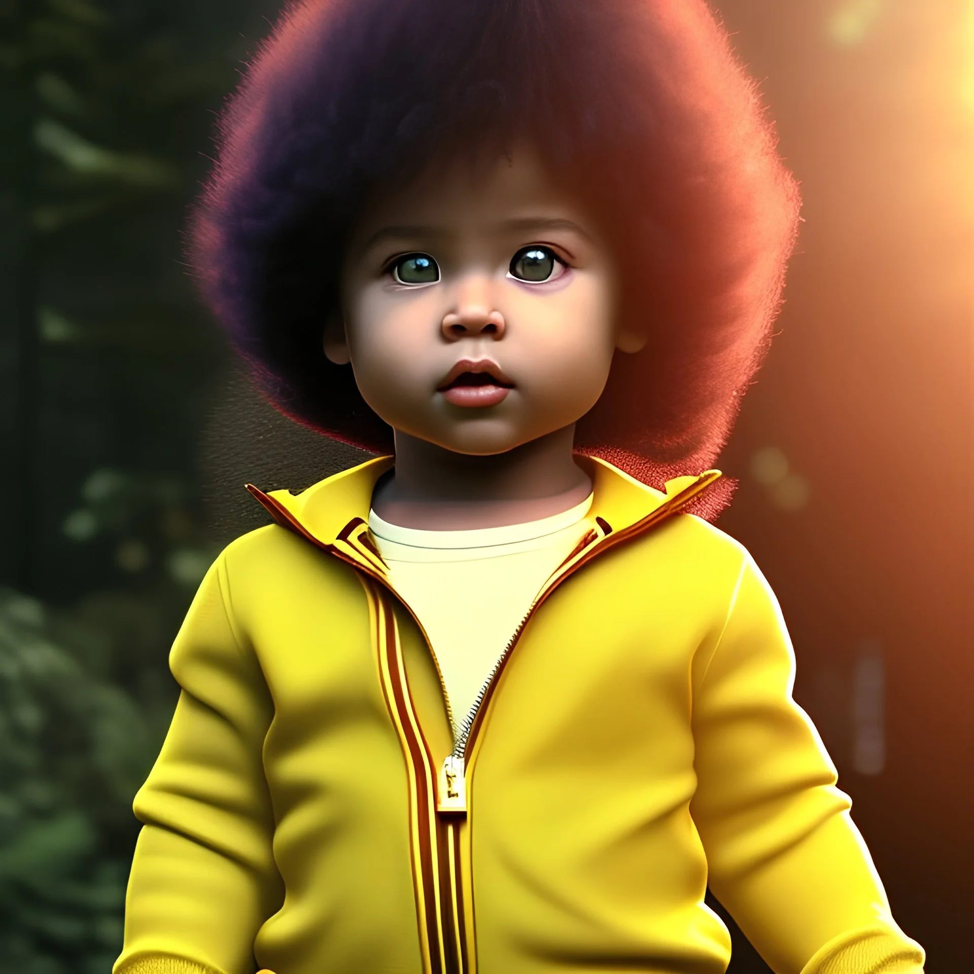 3d render, Sylvester Stallone toddler, full body, tokio background, brown hair, long hair, wild hair, yellow eyes, scars on body, waist up portrait, 4k resolution, intricate details, ornate details, soft lighting, vibrant colors, retroanime, masterpiece, natural background, realistic