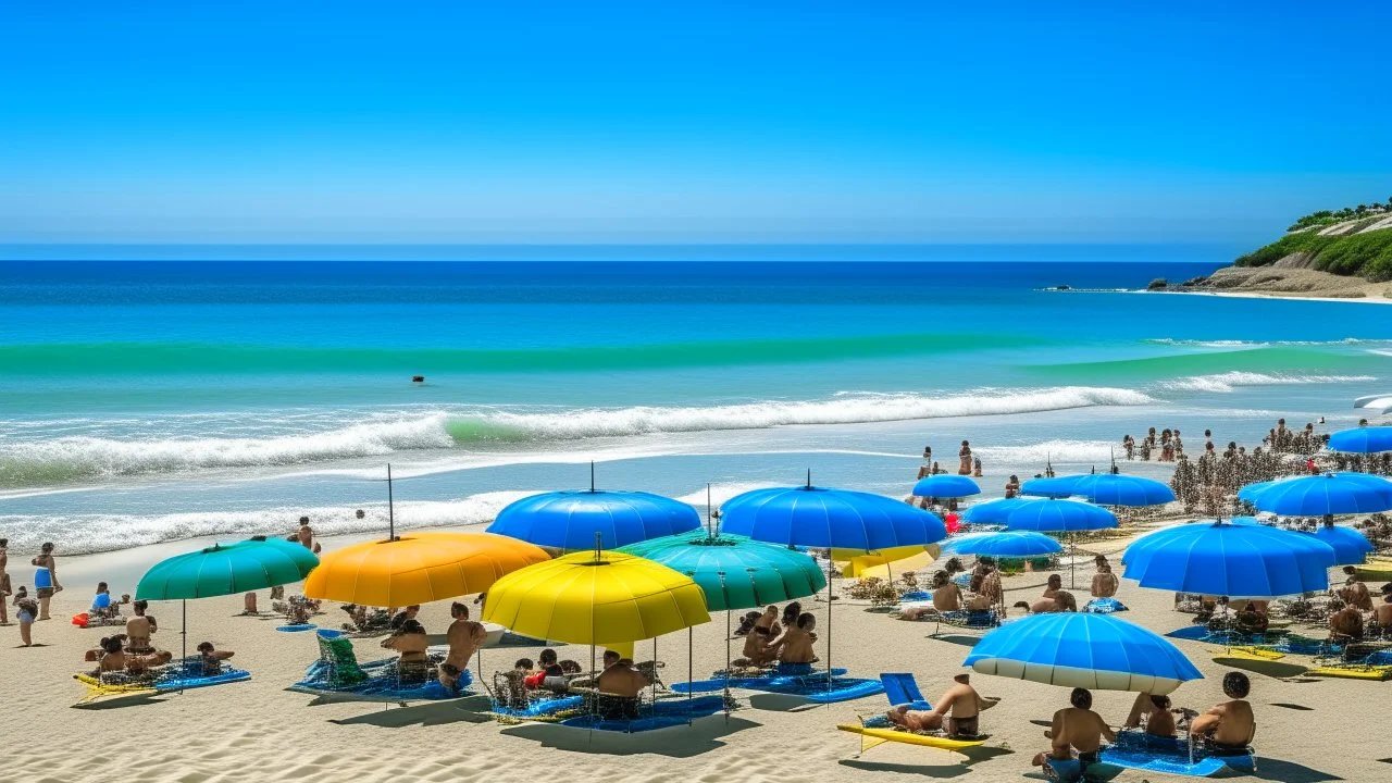 Coastal summer scene: people enjoying themselves under the shade of bright parasols on light sand and deep blue sea.