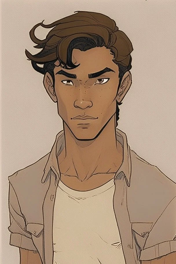 Appearance: Ari has a mixed-race skin tone with a light brown complexion. He has dark hair that falls in messy waves around his face, and his hair length could be somewhere in-between long and short. His face is thin with high cheekbones and dark eyes that are often full of emotion. He stands at around 5 feet 7 inches tall, with a lean build that suggests he doesn't engage in a lot of physical activity.