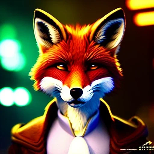 A fox fursona, Furry art, Digital art, cyberpunk, High quality, Backlighting, female, anthropomorphic, full body portrait, 8k resolution, fox tail, Realistic, high quality, great details, within portrait, masterpiece, best quality, cinematic lighting, detailed outfit, vibrant colors, perfect eyes, furry, human body, robotic arm, sfw, in the style of Titanfall, highly detailed face, perfectly drawn