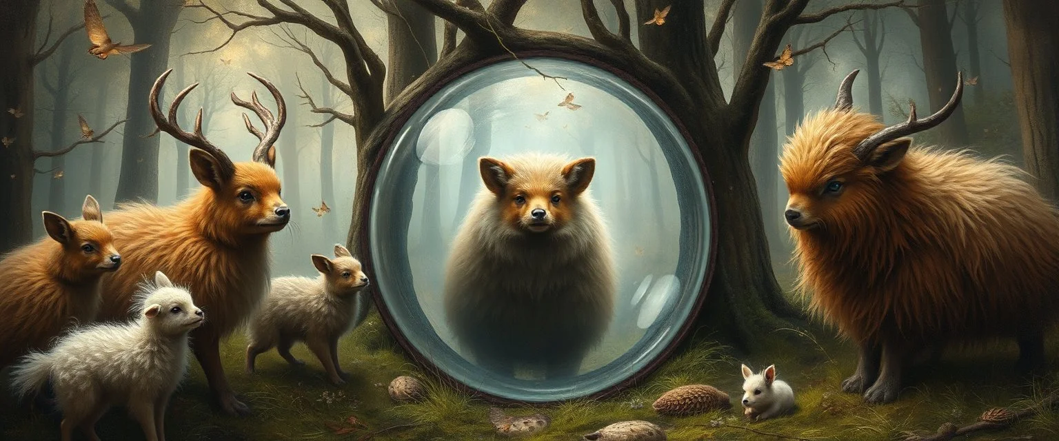 in the magical mirror forest we get a strange portrait and you enter the strangest bubble doorway to weird dimension and the aura of its heavenly fluffy elevated messed up woodland creatures flock painted by Nerdrum and Rembrandt