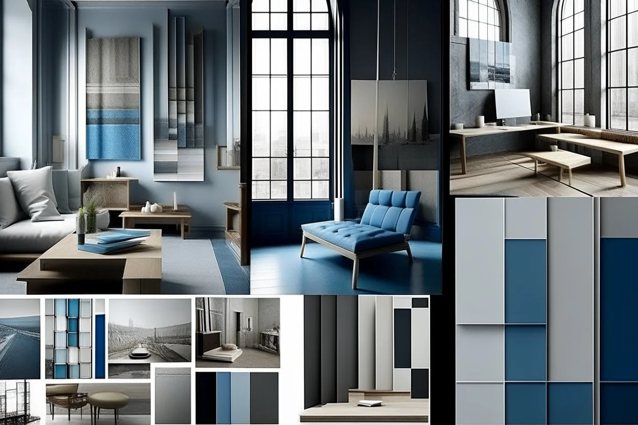 mood board for architectural graduation project and its a museum and the colors are blue and grey and the furniture for a paintings museum and show the color shades