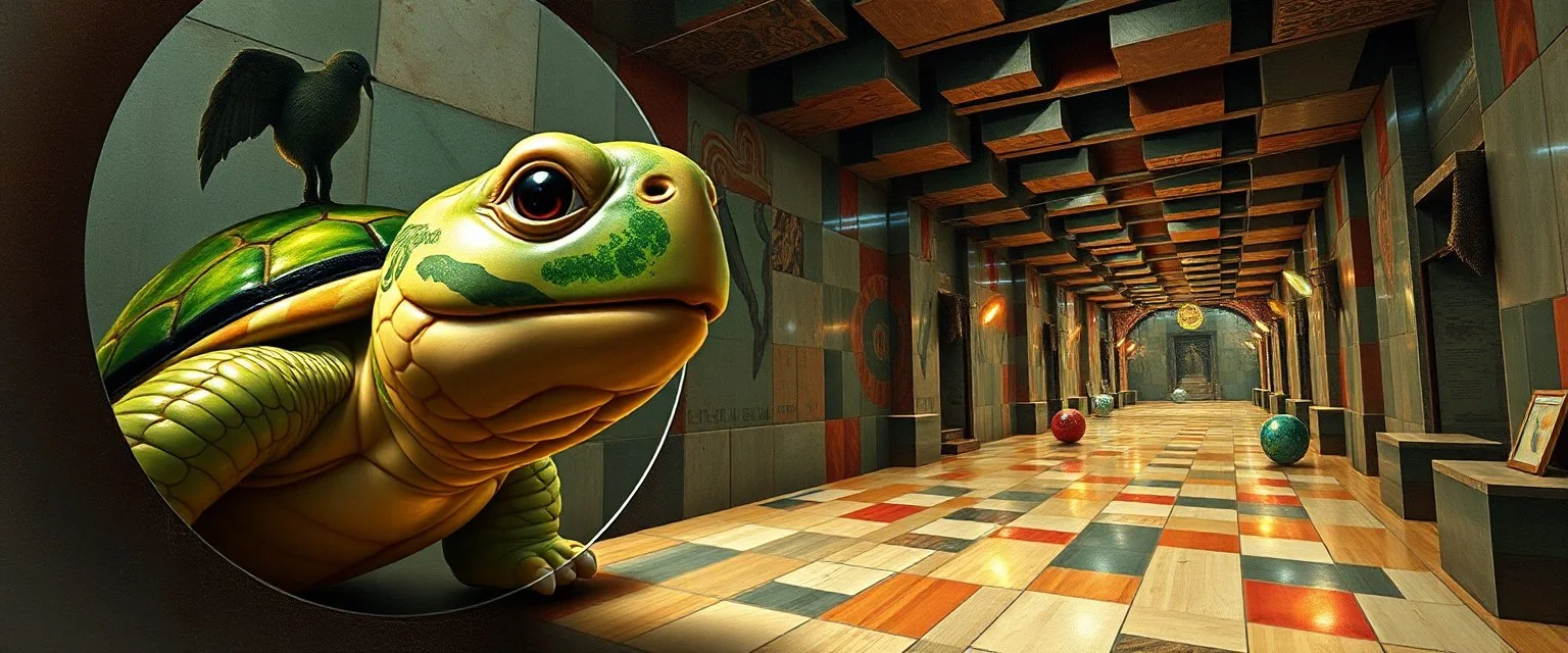 pin hole picture, master oil painting by Rembrandt, reflective marble madness turtle character portrait, a living bowling marble halls with slightly tilted floor in a twisted block maze, scenery from the game "marble madness", crystal birds