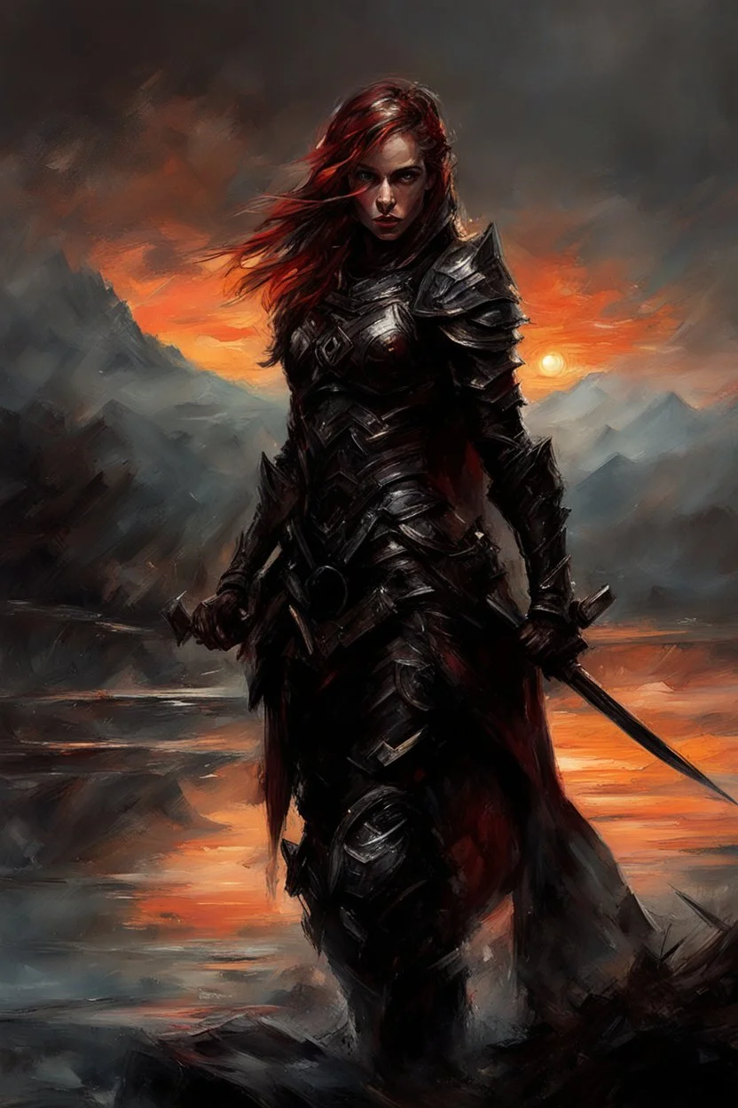 A formidable warrior girl in black armor, on the background Amazing gloomy landscape, flooded with sunset, mountains, trees, fabulous scary hero, , juicy emotions, painting, dark fantasy, bad weather, gloomy day, dark world, by Raymond Swanland & Alyssa Monks & Anna Razumovskaya