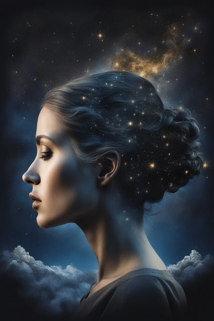 Double exposure of a female person's profile and a utopistic starry night sky, dramatic mood, dark depressive style, highly detailed intricate, surreal, stunning