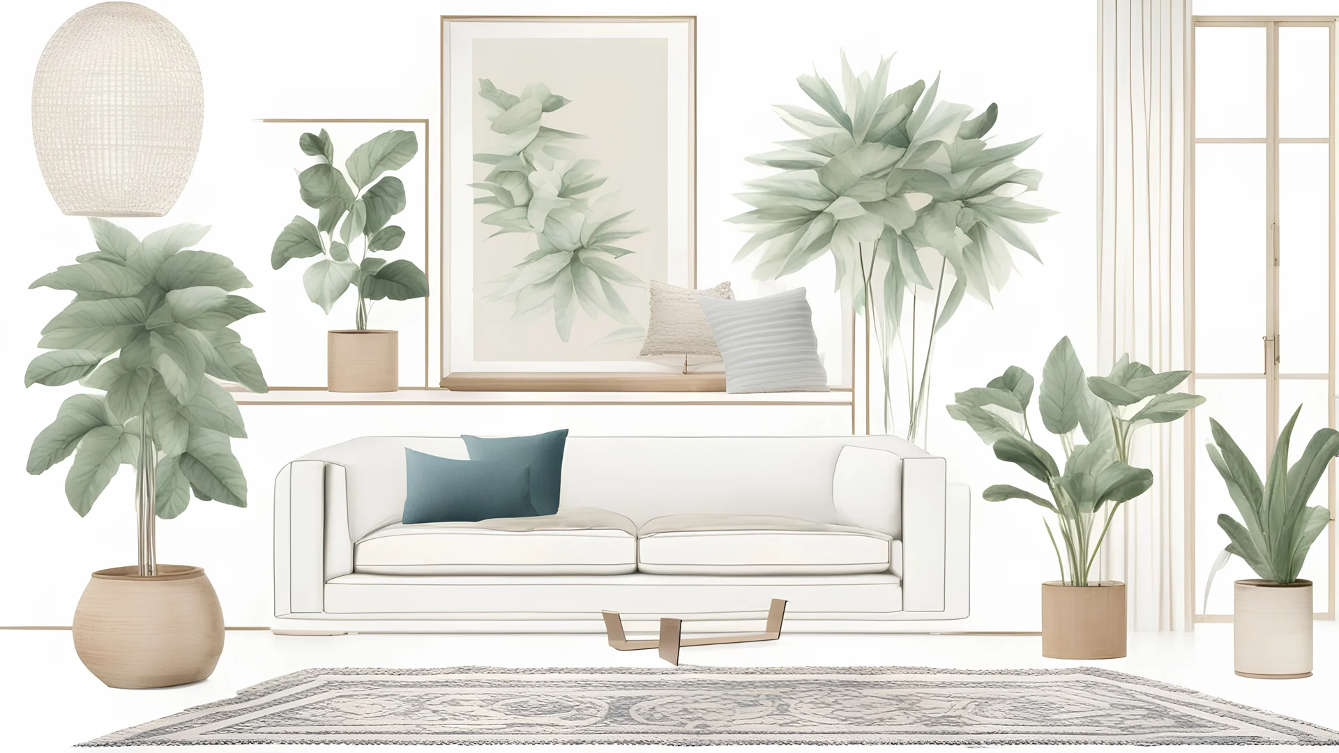 generate a mood board ithat conveys safety and security with one sofa, one coffee table, and one rug and plants in a Mediterranean style