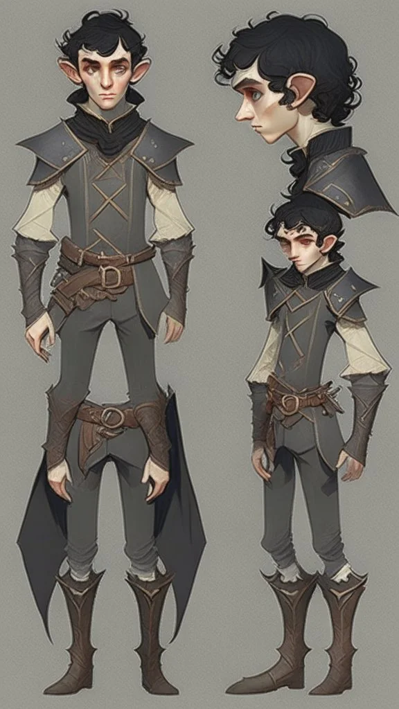 turnaround character of a young man elf, he has curly, black hair and sharp cheekbones. His eyes are black. pale skin. He wears fantasy medieval clothes. full body with boots