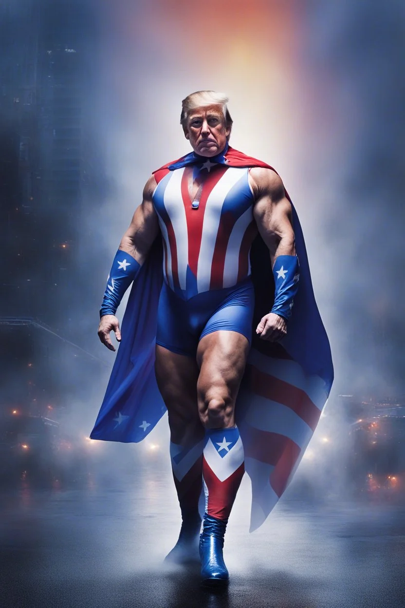 Extremely Muscular, Donald Trump as 'Maga Man,' Extremely Muscular, overly exaggerated muscles, Skintight, formfitting cobalt bodysuit, US Flag cape, silver boots, Multicolored vortex, multicolored lightning, neon lit futuristic cityscape, mist, fog, speed, extremely overexaggerated musculature, "MAGA MAN"