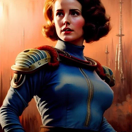 Drawing of beautiful face,'beautiful,Busty Piper Wright(Fallout4)',intense stare, ancient skintight armor, balanciaga fashion clothe painting by gaston bussiere, greg rutkowski, yoji shinkawa, yoshitaka amano, tsutomu nihei, donato giancola, tim hildebrandt, Oil on canvas, cinematic composition, extreme detail,fit full head inside picture,16k