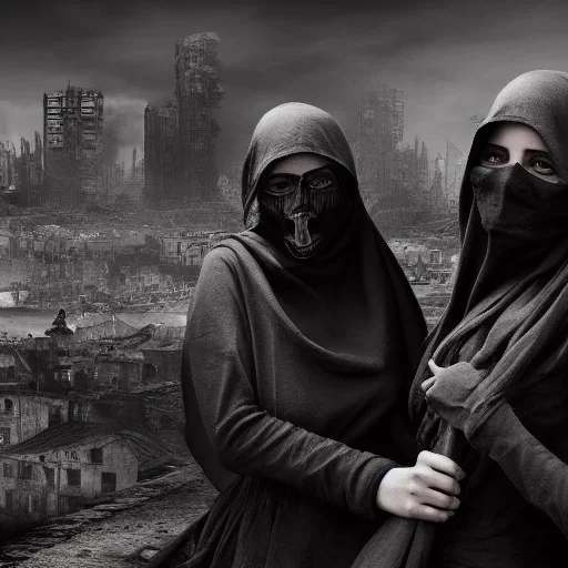 women, faces covered in black masks, ragged clothes, holding flag, war-torn, destroyed city in the background, 8k resolution, hyperrealistic, detailed matte painting, b&w, dynamic lighting, war, anarchy, terrorists