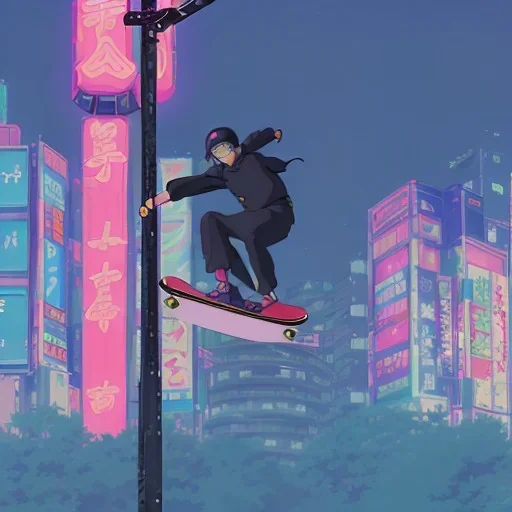 photo of a ninja riding a skateboard; in an alternate universe in tokyo; cyberpunk; realistic; rain; neon signs