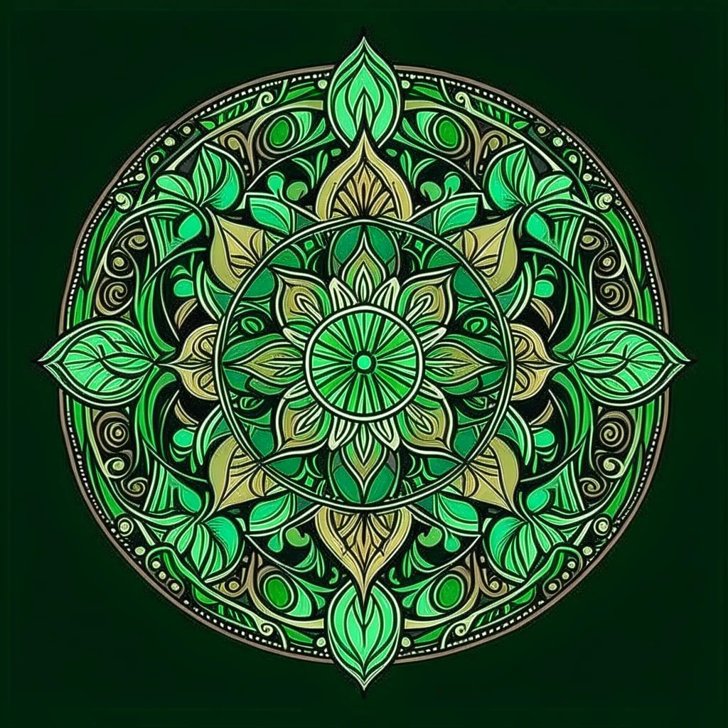 Logo. Mandala style. Round. The logo depicts a mystical botanical motive. Thin lines. Ornament. Rich colors, green