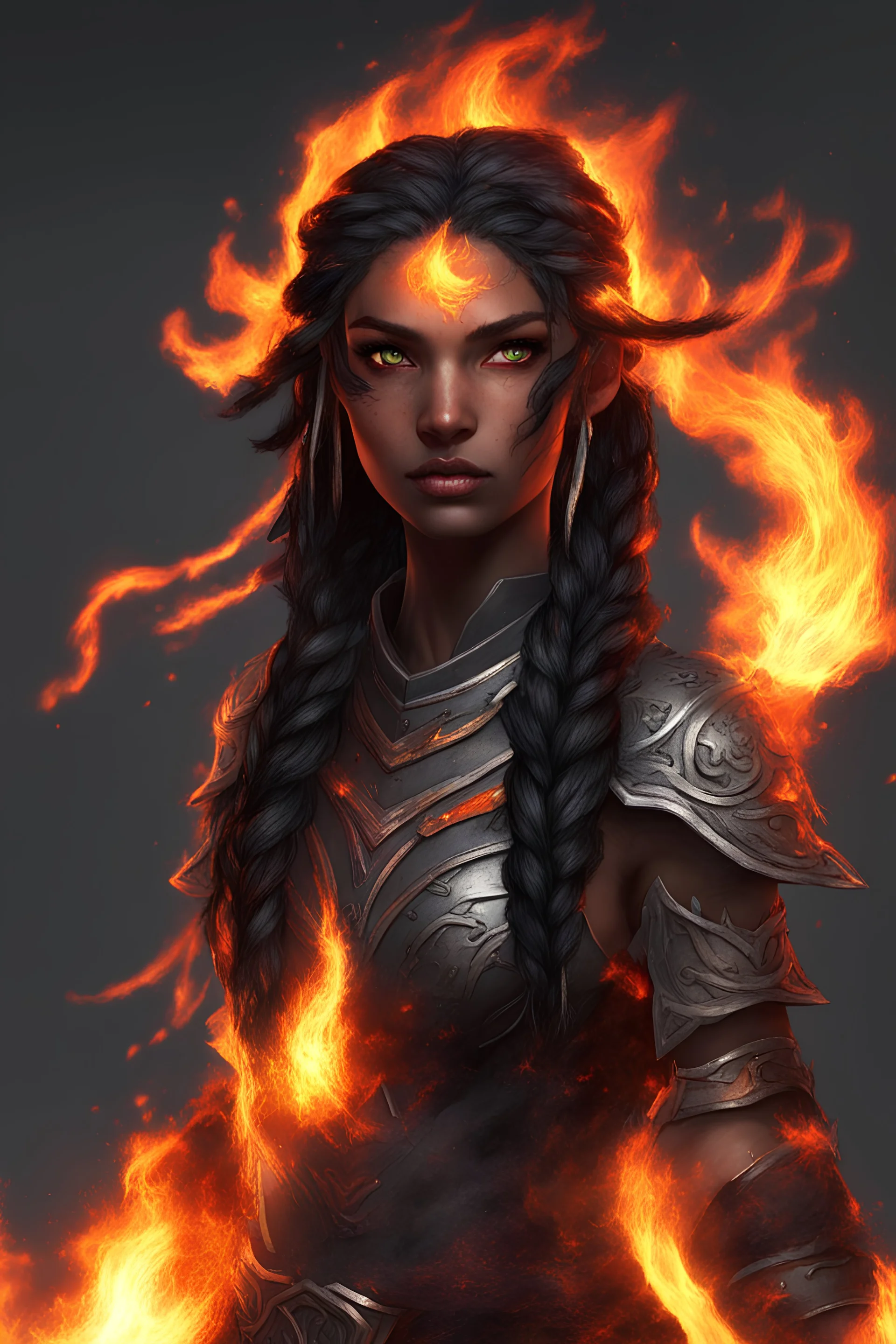 Paladin druid female made from fire . Hair is long and bright black some braids and it is on fire. Make fire with hands . Has a big scar over whole face. Skin color is dark. Eyes are like fire