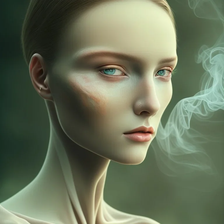 portrait photography of ethereal beauty, 8K, a woman's head, Portrait of a woman by Michelangelo, close-up face, anatomically perfect face, a sunny atmosphere, misty smoke, oak tree roots