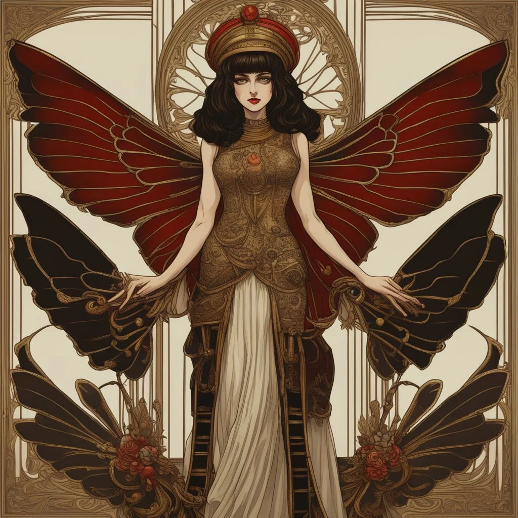 Full Body, Art Nouveau Woman With A Bob With A Fringe Hairstyle, Cleopatra Clothing, Steampunk Metal moth with red wings, Black Background