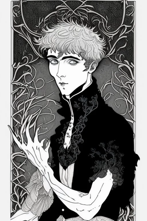 Black haired blue eyed freckled young male warlock in the style of aubrey beardsley