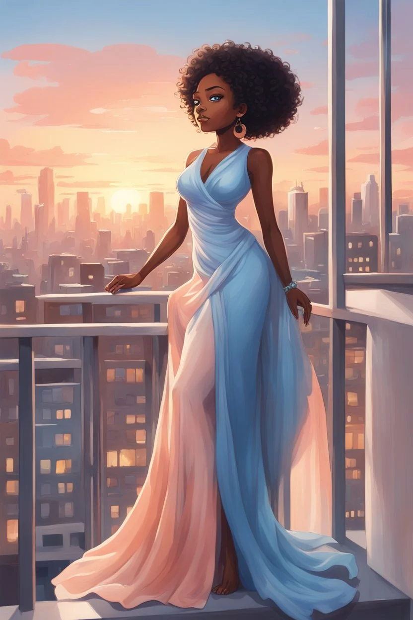 The scene opens onto a serene balcony overlooking a bustling city skyline. The sky above is painted in soft hues of blue and peach as the sun begins its descent, casting a warm glow over everything it touches. In the foreground stands a captivating figure, airbrush chibi cartoon curvy black woman exuding confidence and elegance. She is adorned in a flowing white knit maxi dress that hugs her curves in all the right places, accentuating her silhouette. Her choice of footwear is equally stunning