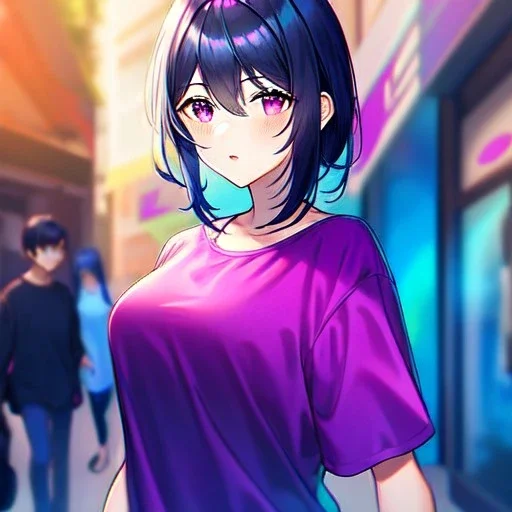 8k, Girl, high quality, detailed, dark blue hair, fuchsia eyes, beautiful lighting, vibrant colors, casual clothes