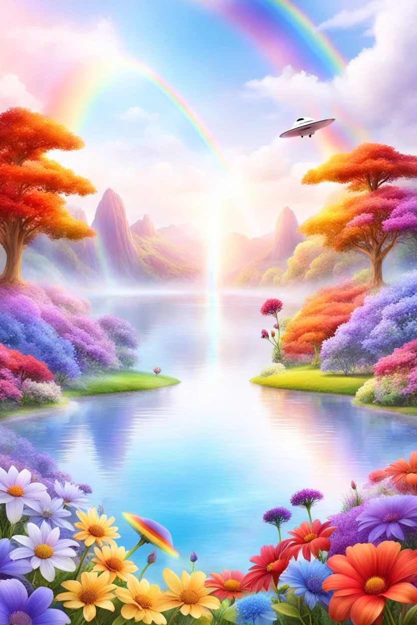 Beautiful garden, flowers, rainbows,ufos