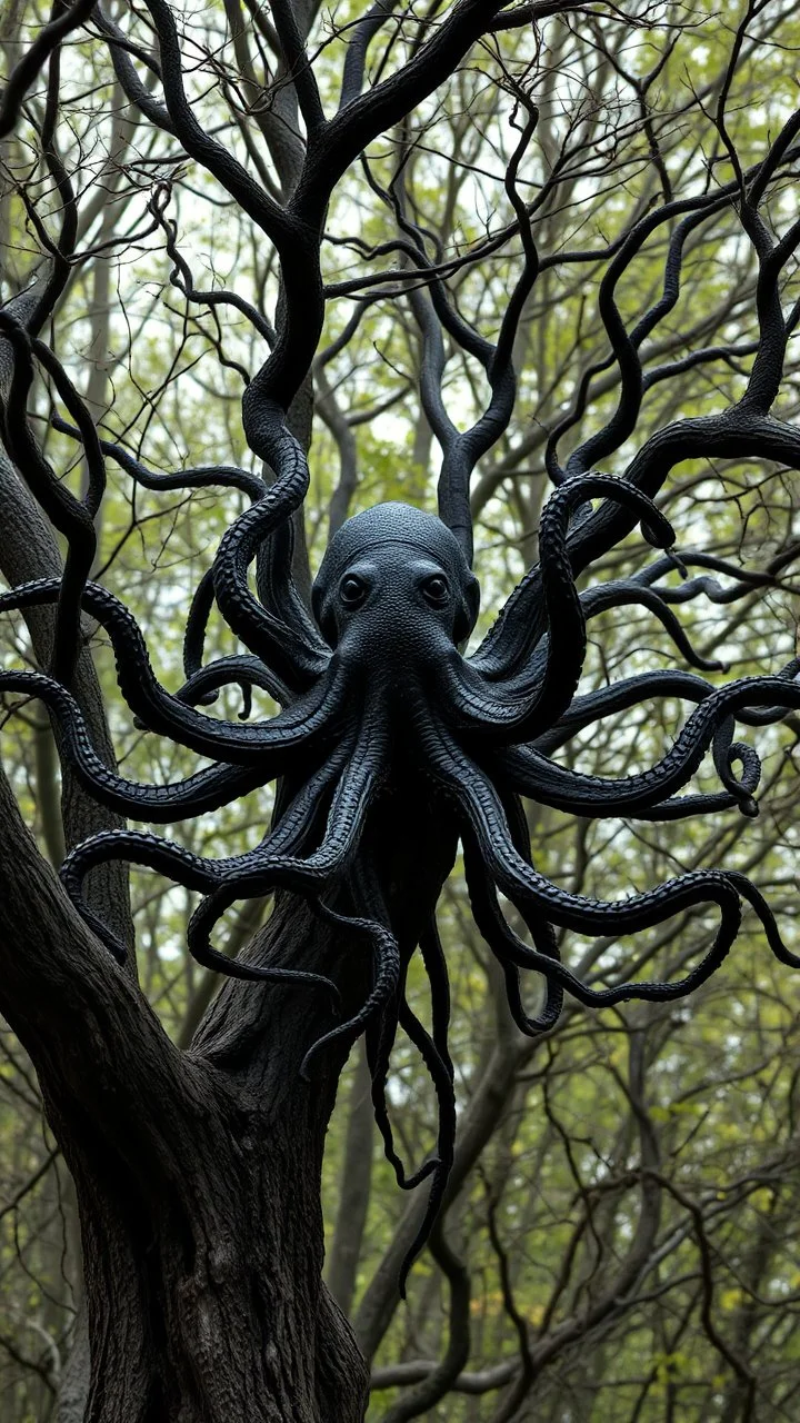A lot of tree branches in the background of black vein, human veins, mixing together a lot of them, like a forest, big and small veins a lot of them, a black creature looks like an octopus with many arms