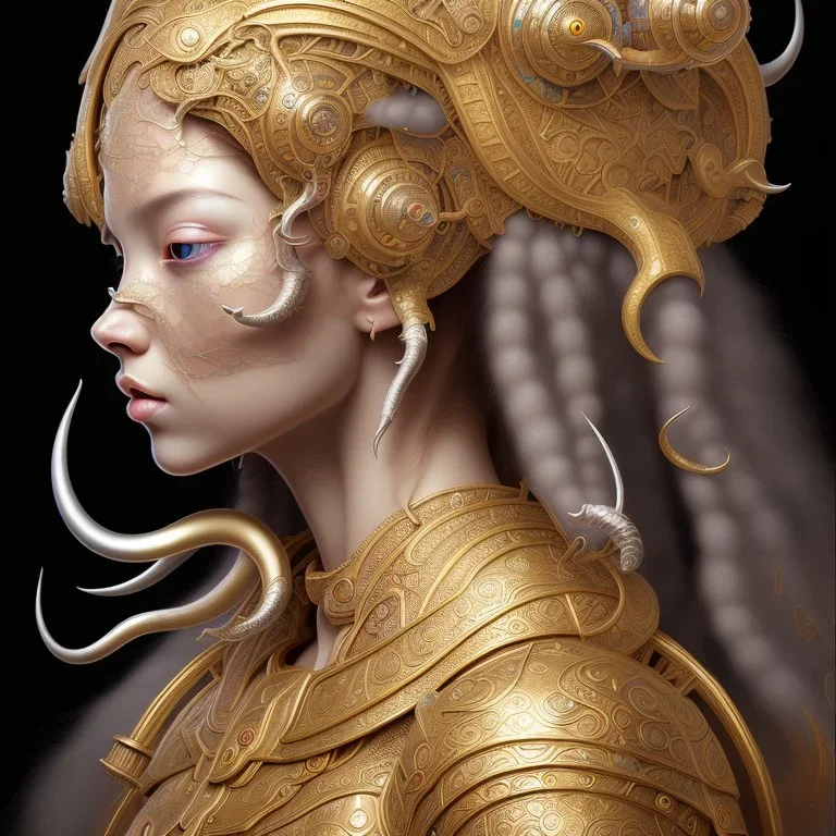 Sango fantasy, fantasy magic, intricate, sharp focus, illustration, highly detailed, digital painting, concept art, matte, art germ and Paul Lewin and Kehinde Wiley, masterpiece silver elephant head bronze Buddha Asian African girl nice breast Hawaiian hair turquoise golden waves