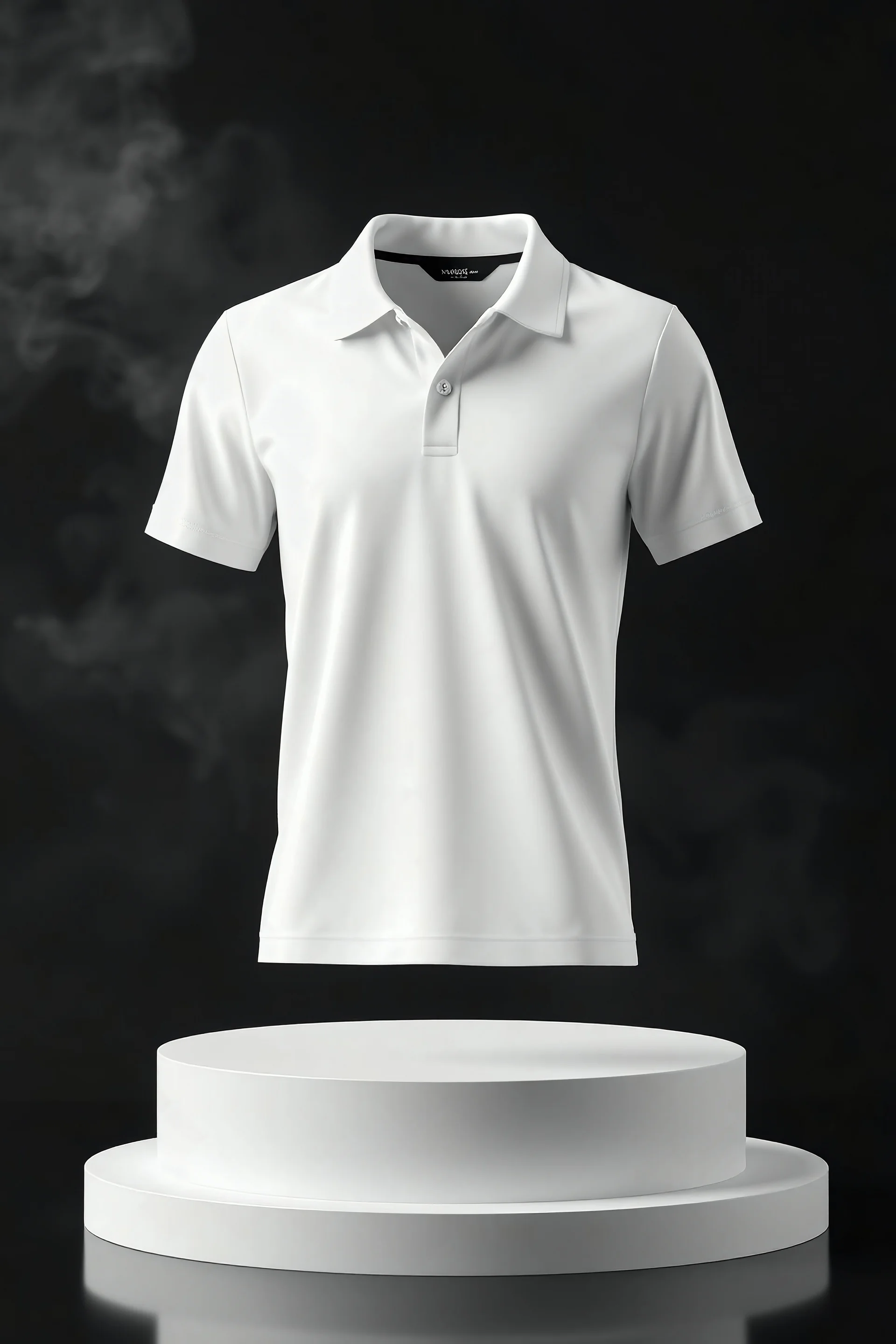 Mock up 3D white polo shirt on a black background podium with light smoke, Ai generated Images