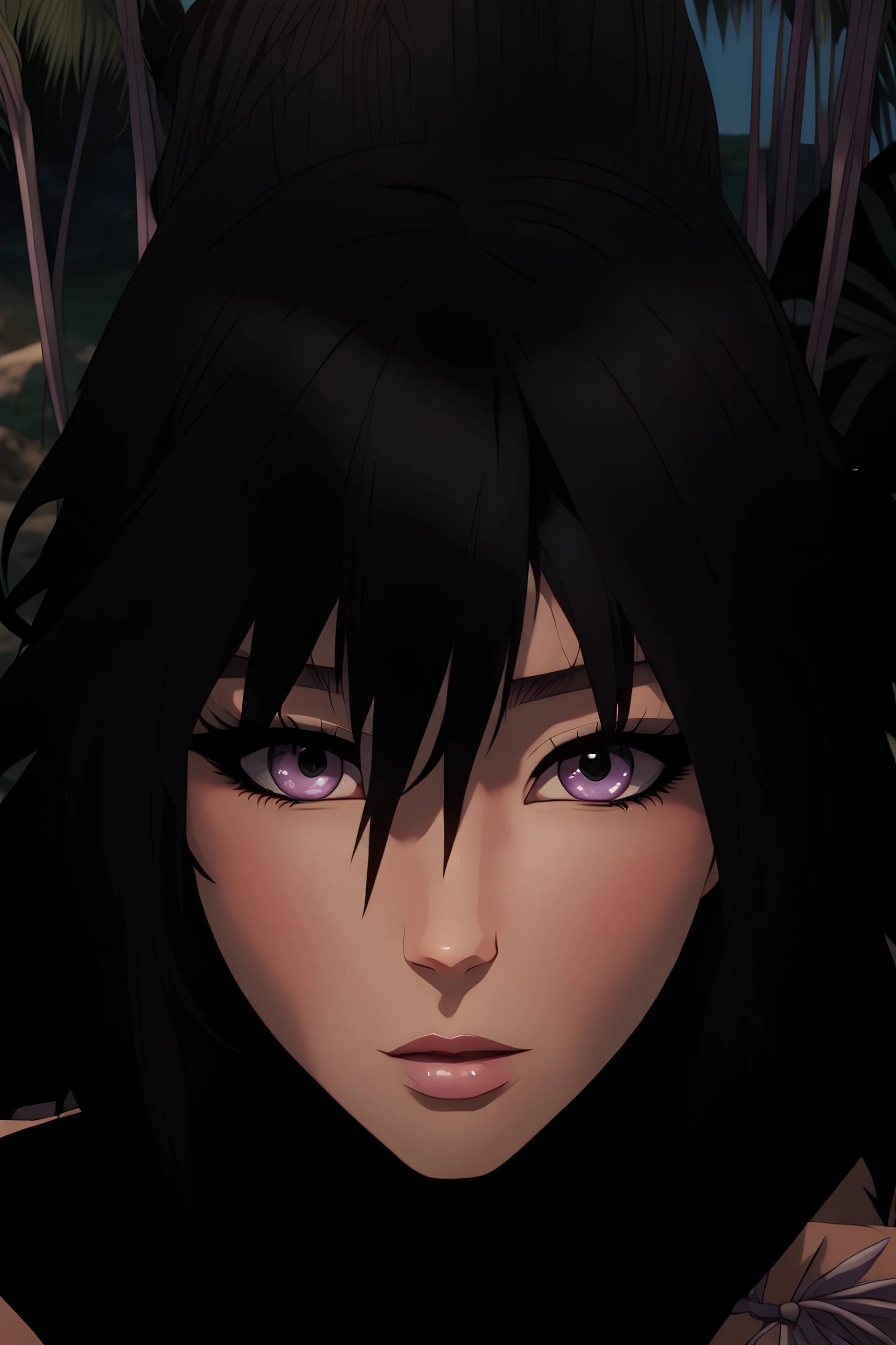 The handsome and perfect portrait is on the tropical island, anime sexy, feminine black-haired, lilac-eyed, and tan-skinned goth female character on the beach for the magazine, 8K resolution, high quality, ultra graphics, and detailed with lines.