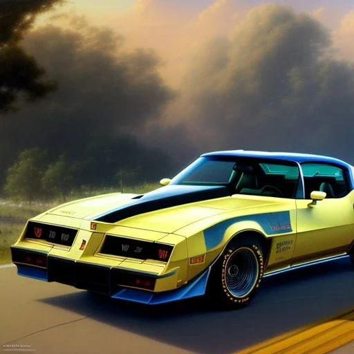 hyperrealism Drawing of '1977 Pontiac Trans Am' three quarter frontal aerial view, by gaston bussiere, greg rutkowski, yoji shinkawa, yoshitaka amano, tsutomu nihei, donato giancola, tim hildebrandt,oil on canvas, cinematic composition,Sharp detail,extreme detail,fit full head inside picture,16k