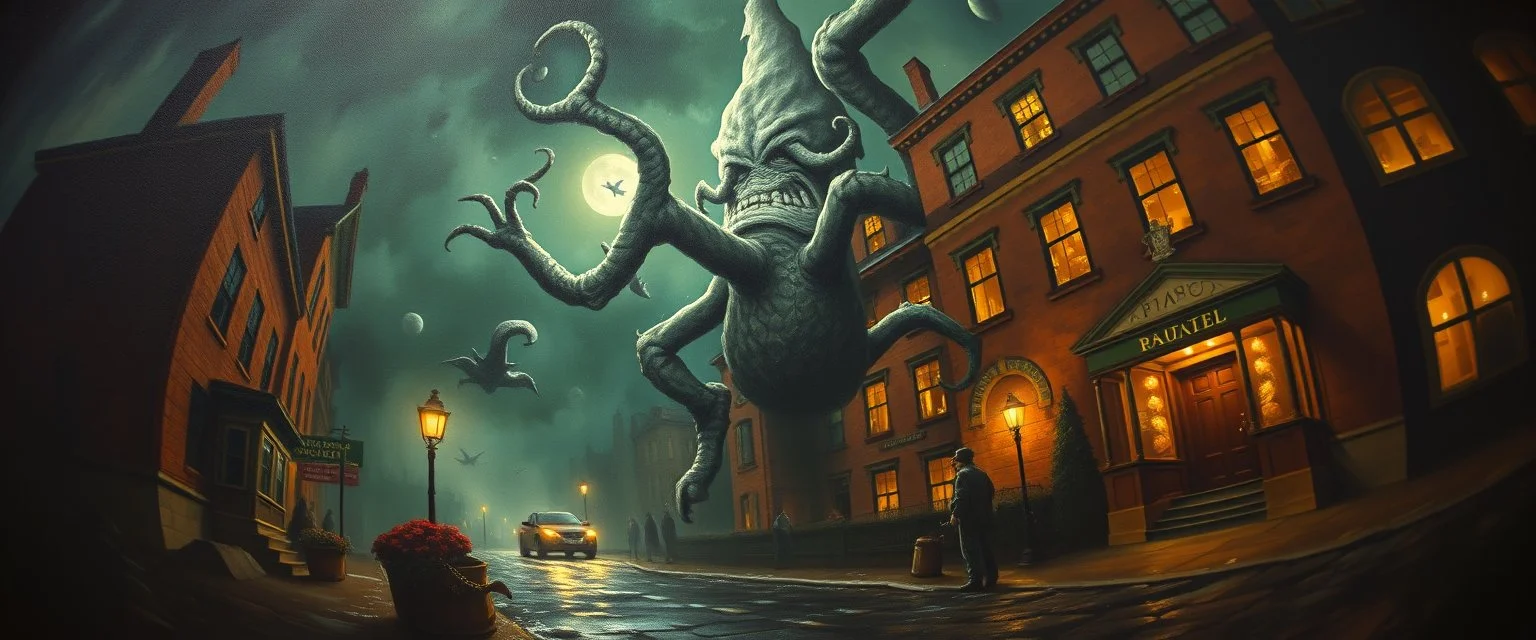 pin hole cam, master oil painting by Rembrandt, Nightmare on cthulhu duck street