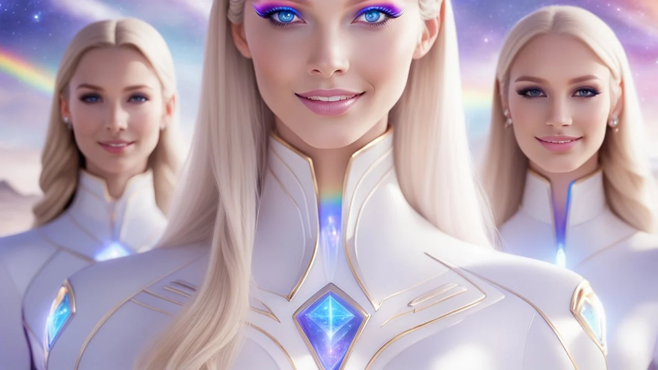 cosmic woman ,beautiful ufos rainbow, admiral from the future, galactic confédération, fine whole face, crystalline skin, expressive purple eyes,rainbow, smiling lips, very nice smile, costume pleiadian, Beautiful tall woman pleiadian Galactic commander, ship, perfect datailed golden galactic suit, high rank, long blond hair, hand whit five perfect detailed finger, amazing big puple eyes, mouth, high définition lips, cosmic happiness, bright colors
