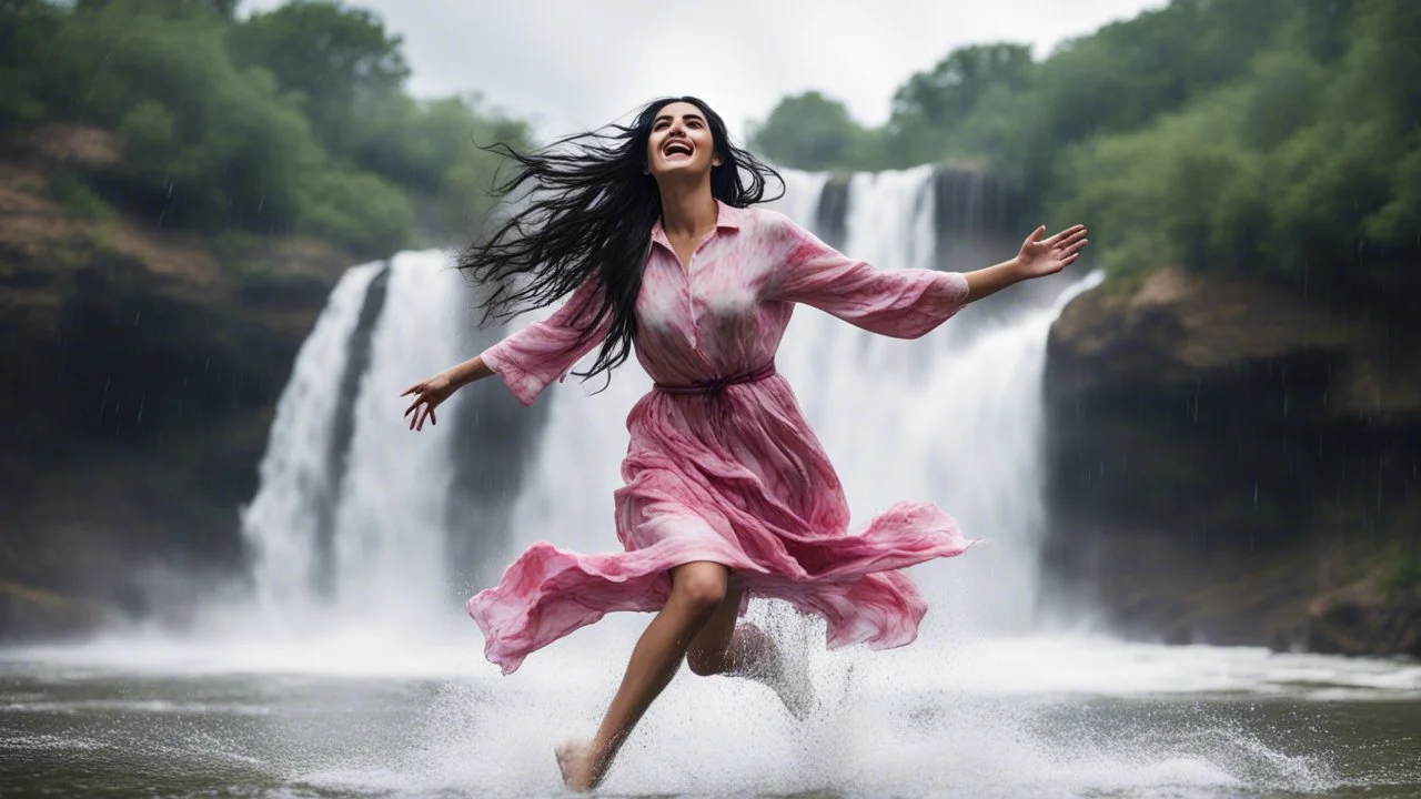 Hyper Realistic Photographic Very Close Shot Of A Beautiful Pashto Woman With Long Black Wet Hair Wearing A White And Pink Tie-And-Dye Dress, Happily Jumping On A River Water And Enjoying Rain With A Beautiful Waterfall And Cloudy Weather At Heavy Rainfall Showing Dramatic And Cinematic Ambiance.