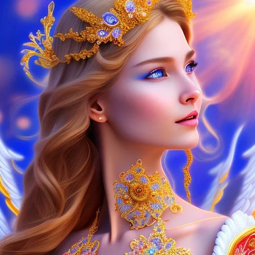 Flower angel, beautyful smiling young woman, long hair amazing blue eyes, happy cosmic, bright colors, blue, pink, gold, jewels, realistic, photo real, clear sunny background, highly detailed, high contrast, 8k high definition, unreal engine 5, extremely sharp detail, light effect, sunny light background