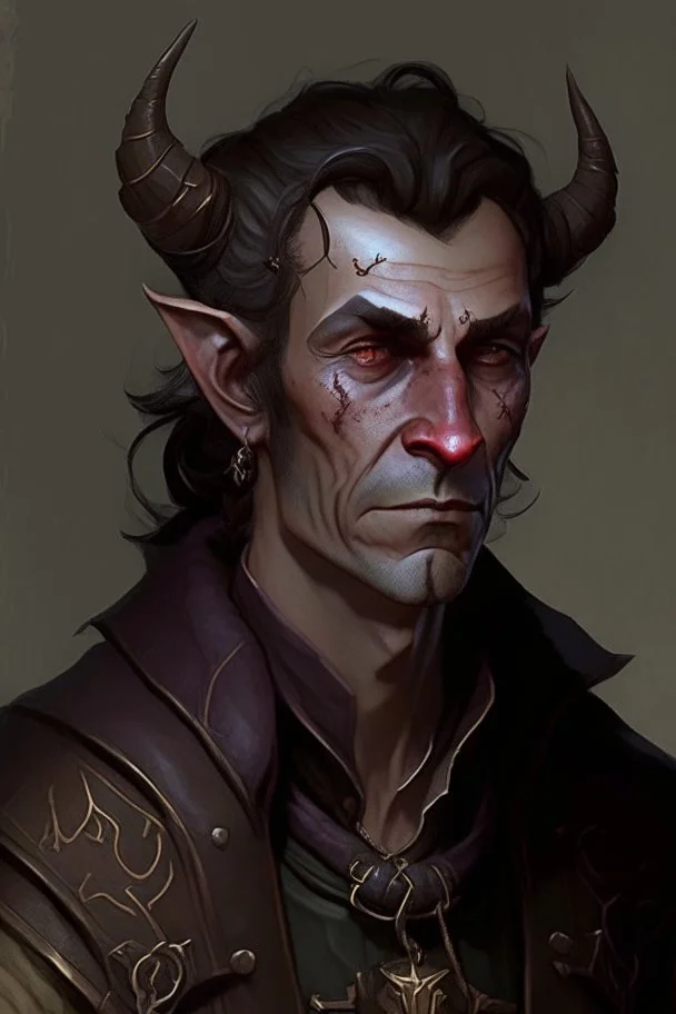 an older tiefling man, he has dark brown hair and looks a little dishelved, he wears a lot of jewelry and worn leather, he looks kind