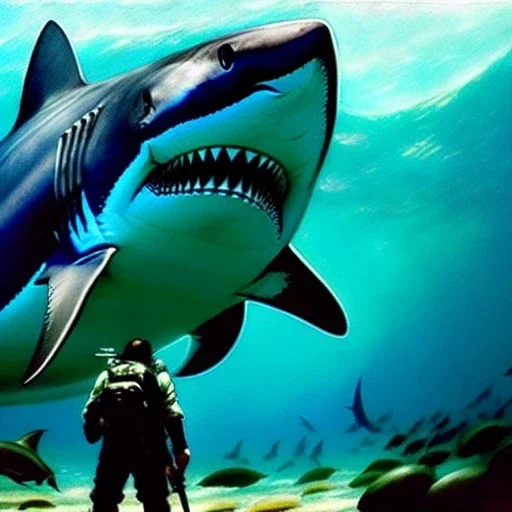 Full Body portrait of ' Giant Megalodon Shark',painting by gaston bussiere, greg rutkowski, yoji shinkawa, yoshitaka amano, tsutomu nihei, donato giancola, tim hildebrandt, oil on canvas, extreme detail,fit full head inside picture,32k