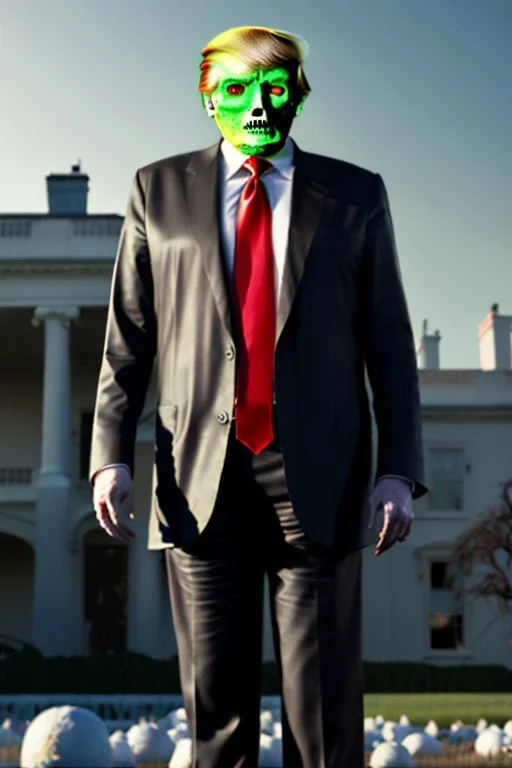 Ultra realistic image, Donald trump zombie, zombie performance, suit, skull, blood, torn arm, night, walking twisted, waist up view, thriller style, dark ambient, highly detailed, White House background, concept art, unreal engine 5, ray tracing, RTX, ultra detail, volumetric lighting, high definition, high resolution.