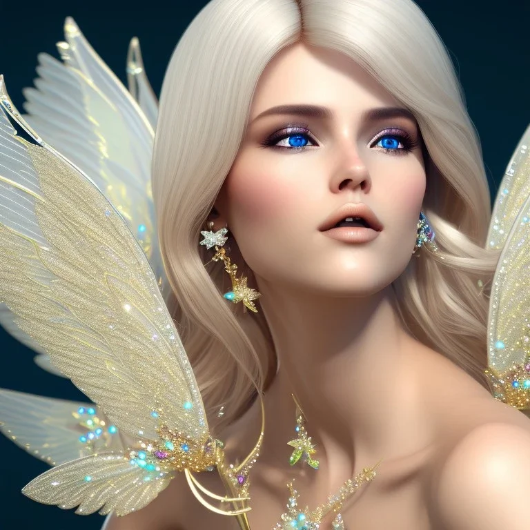 beautiful blonde fairy in a sparkle ambiance, transparent wings, delicate colors, finely tuned detail, ultra high definition, 8 k, unreal engine 5, ultra sharp focus