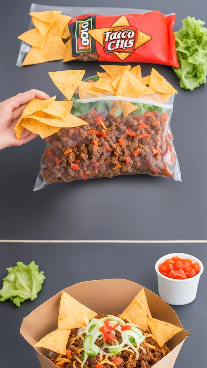 "Taco in a Bag" which consists of an open Doritos chip bag with sides rolled down, containing Doritos chips and cooked ground beef and lettuce and shredded cheese and chopped tomato pepper and onions and topped with more nacho chips, food blogger photography