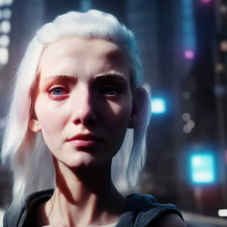 A medium-close-up shot of a young, white-haired nymph woman with cybernetic modifications standing on a sidewalk in a cyberpunk city. The woman only has one head, but also a gentle smile.