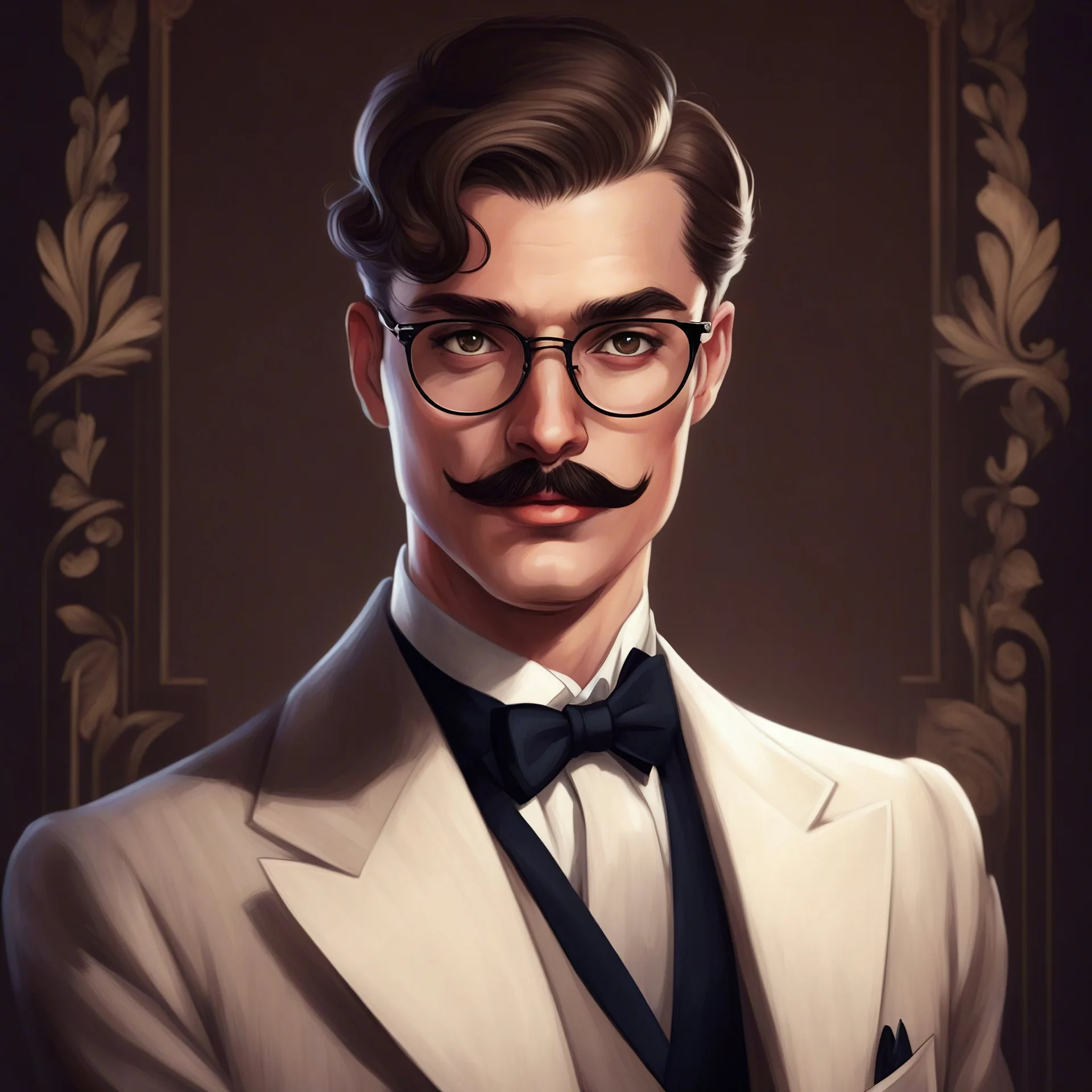 1920s, great gatsby inspired, thirtysomething year old American male heir to new money, socialite playboy, thin mustache and glasses. Candela obscure ttrpg character art